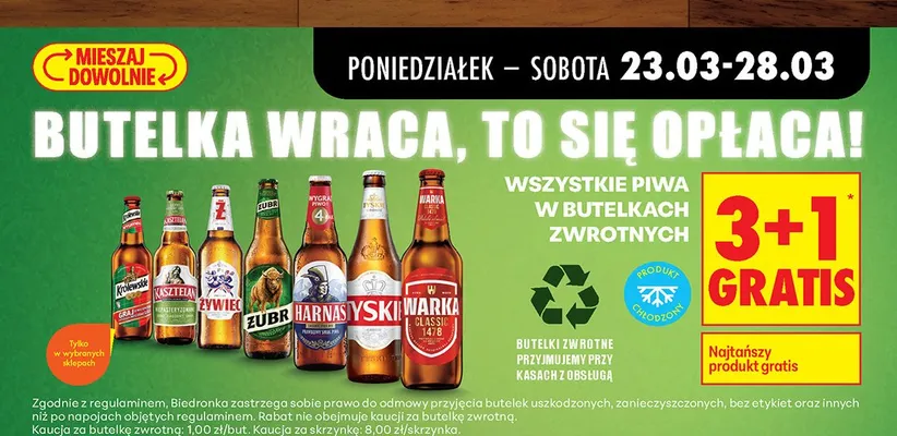 Wszystkie piwa w butelkach zwrotnych 3+1 GRATIS promocja w Biedronka