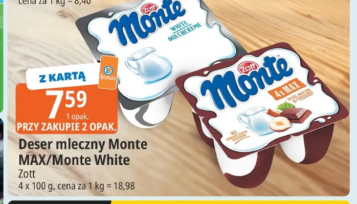 Deser mleczny Monte White Zott 4-pak 100g promocja w Leclerc