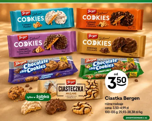 Ciastka Bergen Delicious Cookies Caramel Peanut Raisins Chocolate promocja w Żabka