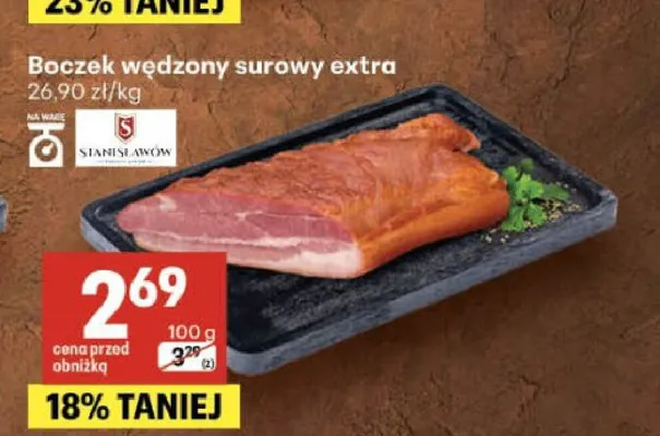 Boczek wędzony surowy extra Stanisławów promocja w Delikatesy Centrum