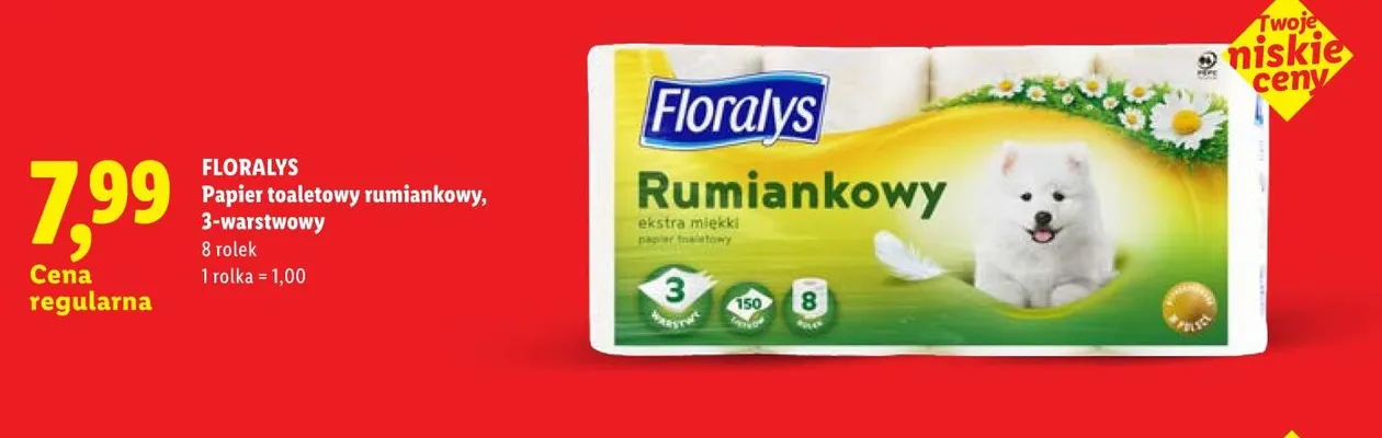 Papier toaletowy rumiankowy 3-warstwowy 8-pak Floralys promocja w Lidl