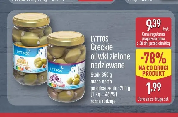 Greckie oliwki zielone nadziewane Lyttos promocja w Aldi
