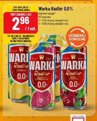 Piwo bezalkoholowe Warka Radler Wiśnia z Cytryną promocja w POLOmarket