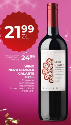 Wino NERO D'AVOLA Galante czerwone półwytrawne 0,75 L promocja w Duży Ben