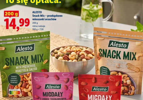 Przekąskowa mieszanka orzechów Snack Mix with macadamia roasted & salted Alesto promocja w Lidl