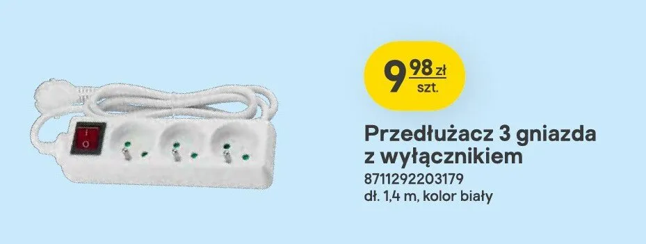 Przedłużacz 3 gniazda z wyłącznikiem biały 1,4 m promocja w Castorama