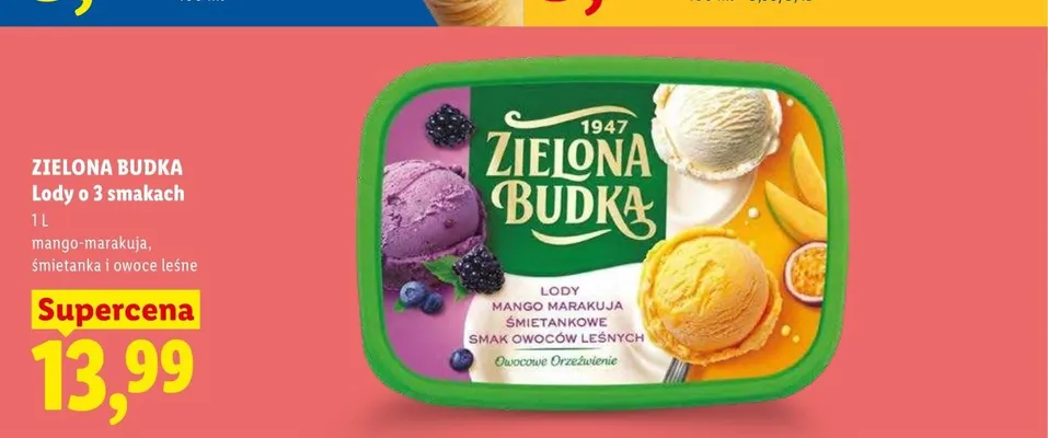 Lody o 3 smakach mango-marakuja, śmietanka i owoce leśne Zielona Budka promocja w Lidl