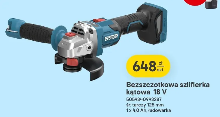 Bezszczotkowa szlifierka kątowa Erbauer 18V śr. tarczy 125mm 1x4,0Ah ładowarka promocja w Castorama