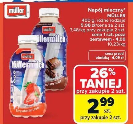 Napój mleczny müllermilch strawberry taste promocja w Carrefour Market