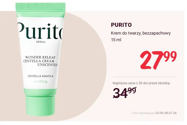 Krem do twarzy bezzapachowy Purito Wonder Releaf Centella Cream Unscented promocja w Rossmann