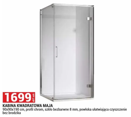 Kabina kwadratowa Maja 90x90x190cm profil chrom szkło bezbarwne 8mm powłoka ułatwiająca czyszczenie bez brodzika promocja w Merkury Market