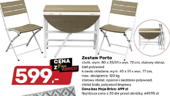 Zestaw Porto stolik 80x35/61x72cm stalowy stelaż blat polywood krzesło składane 43x51x77cm promocja w Bricomarche