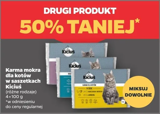 Karma mokra dla kotów w saszetkach Kiciuś różne rodzaje promocja w Netto