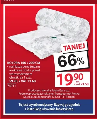 Kołdra 160x200 cm promocja w Selgros