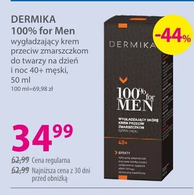 Wygładzający krem przeciw zmarszczkom do twarzy na dzień i noc 40+ męski DERMIKA 100% for Men promocja w Hebe