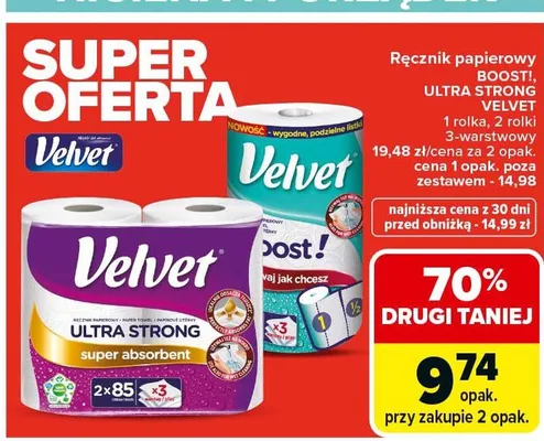 Ręcznik papierowy Boost!, Ultra Strong, Velvet 1 rolka, 2 rolki, 3-warstwowy promocja w Carrefour Market