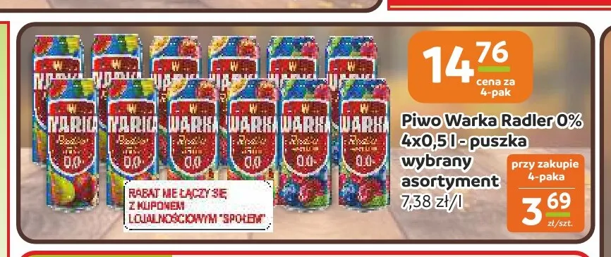 Piwo bezalkoholowe Warka Radler 4-pak promocja w Społem Częstochowa