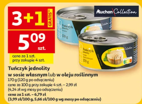 Tuńczyk jednolity w sosie własnym lub w oleju roślinnym promocja w Auchan