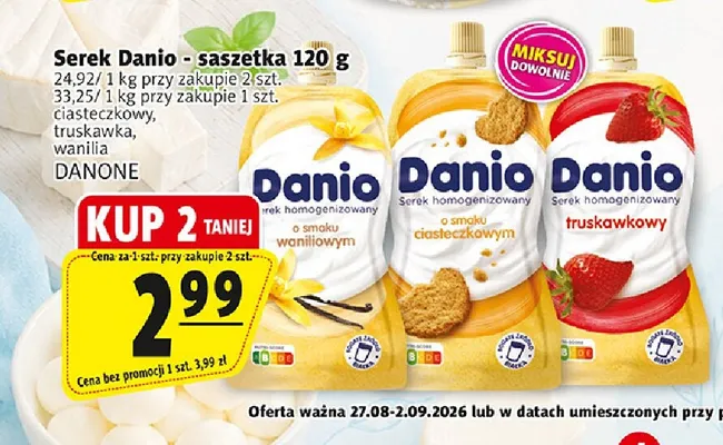 Serek homogenizowany Danio o smaku ciasteczkowym w saszetce promocja w Prim Market