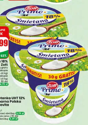 Śmietana 18% Primo Zott promocja w Dino