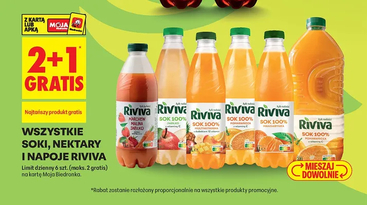 Wszystkie soki nektary i napoje Riviva 2+1 GRATIS promocja w Biedronka