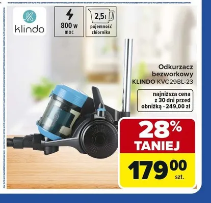 Odkurzacz bezworkowy KLINDO KVC29BL-23 800W 2,5l promocja w Carrefour Market