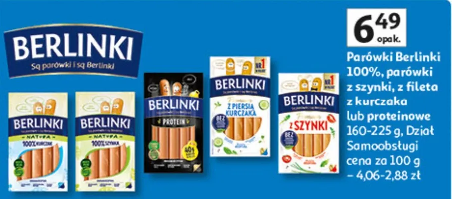 Parówki berlinki 100% parówki z szynki, z fileta z kurczaka lub parówkowe dział samoobsługi promocja w Auchan