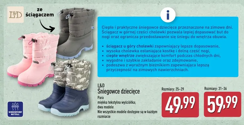 Śniegowce dziecięce L & D rozm. 25-29 promocja w Aldi