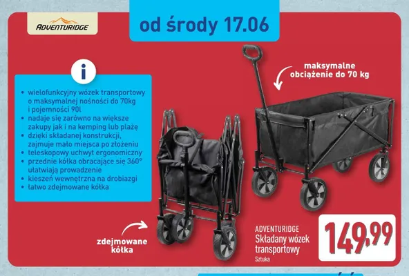 Składany wózek transportowy Adventuridge promocja w Aldi