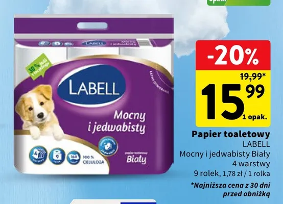 Papier toaletowy Labell Mocny i jedwabisty biały 4 warstwy 9-pak promocja w Intermarche