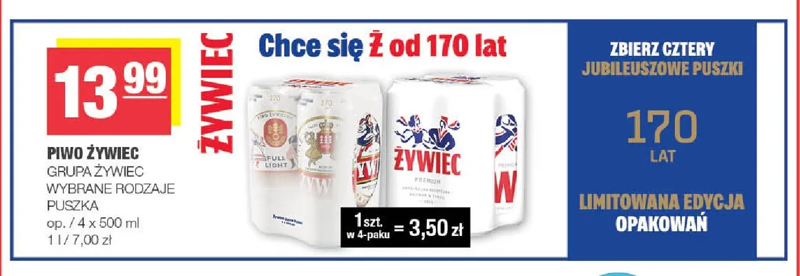 Piwo Żywiec 4-pak 500 ml promocja w SPAR