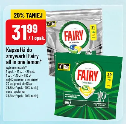Kapsułki do zmywarki Fairy Platinum All in One Lemon promocja w POLOmarket