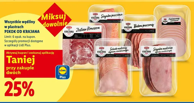 Wszystkie wędliny w plastrach Pikok Od Krajana -25% przy zakupie 2 promocja w Lidl