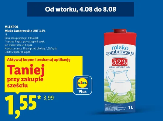 Mleko UHT Zambrowskie 3,2% promocja w Lidl