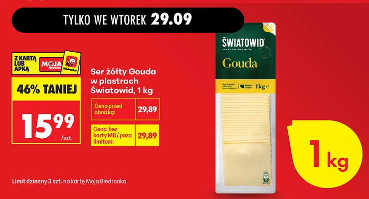 Ser żółty gouda w plastrach Światowid promocja w Biedronka