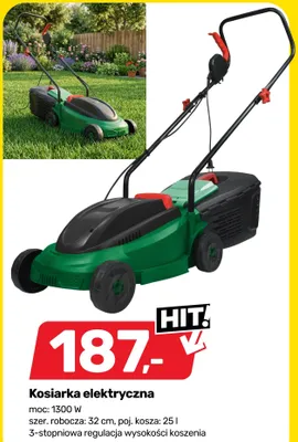 Kosiarka elektryczna moc: 1300W szer. robocza: 32cm, poj. kosza: 25l 3-stopniowa regulacja wysokości koszenia promocja w Bricomarche