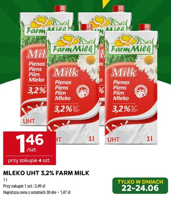 Mleko UHT 3,2% Farm Milk promocja w Stokrotka