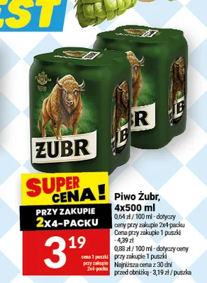 Piwo Żubr 4-pak 500 ml promocja w Twój Market
