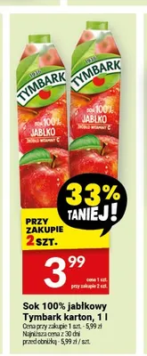 Sok 100% jabłkowy Tymbark 1 l promocja w Twój Market