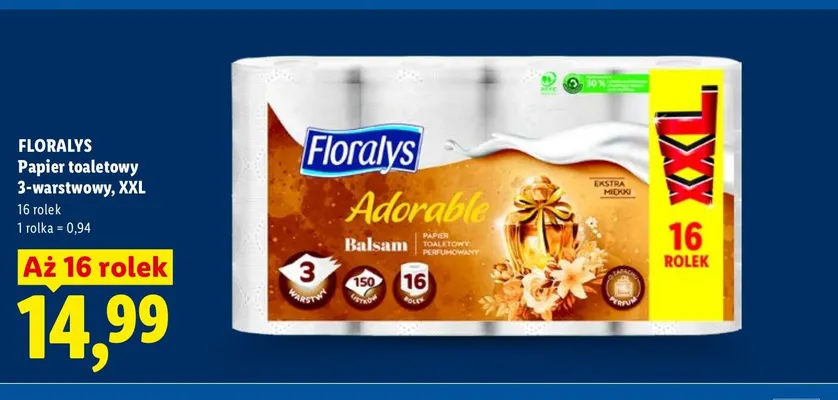 Papier toaletowy 3-warstwowy Floralys 16-pak XXL promocja w Lidl