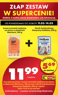 Zestaw: Łosoś norweski wędzony na zimno w plastrach Marinero + serek śmietankowy klasyczny Delikate promocja w Biedronka