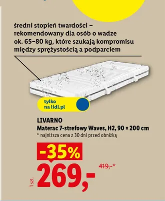 Materac 7-strefowy Waves Livarno H2 90x200 cm promocja w Lidl