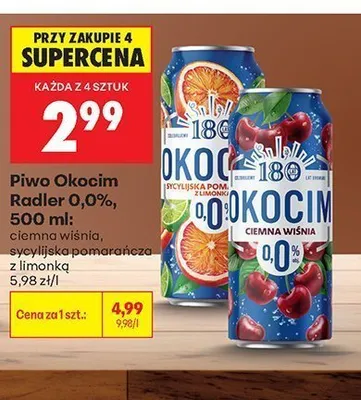 Piwo bezalkoholowe Okocim Radler Ciemna Wiśnia promocja w Biedronka