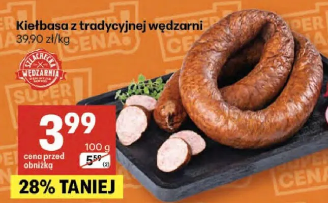 Kiełbasa z tradycyjnej wędzarni promocja w Delikatesy Centrum