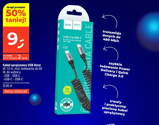 Kabel sprężynowy USB - USB-C Hoco 1,5 m 60W promocja w Dealz