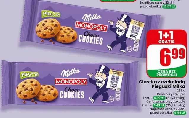 Ciastka z czekoladą Pieguski Milka Monopoly Choco Cookies promocja w Dino