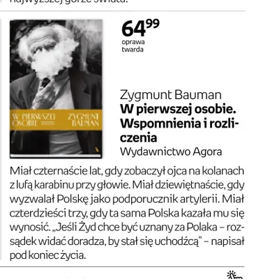 Książka Zygmunt Bauman W pierwszej osobie. Wspomnienia i rozliczenia Wydawnictwo Agora oprawa twarda promocja w Empik