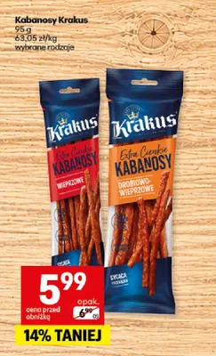 Kabanosy Extra Cienkie drobiowo-wieprzowe Krakus promocja w Delikatesy Centrum