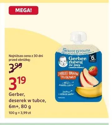 Deserek w tubce Jabłko Banan Truskawka Gerber 6m+ promocja w Rossmann
