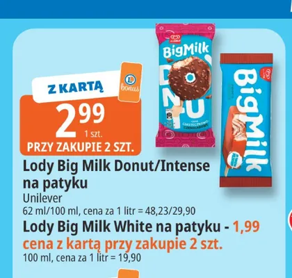 Lody Big Milk White na patyku promocja w Leclerc